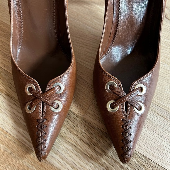 YVES SAINT LAURENT vintage leather cross-stitch studded heels Y2K size 37 - Picture 5 of 13